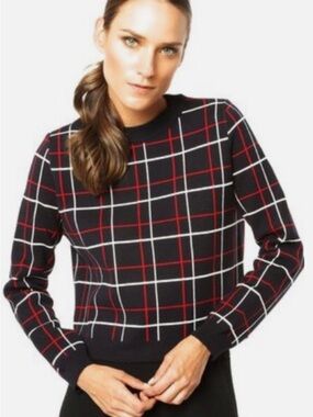 MNG Barcelona Sweater Sz M Blue, Red, White Patterned Stripes Windowpane Plaid